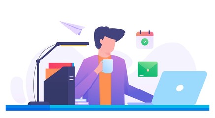 desk table man drink coffee flat illustration