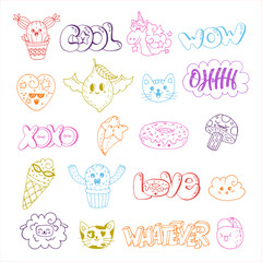 Doodle patch set Kawaii doodle characters collection