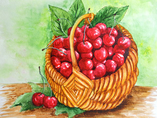  drawing watercolor basket of juicy cherries illustration 
