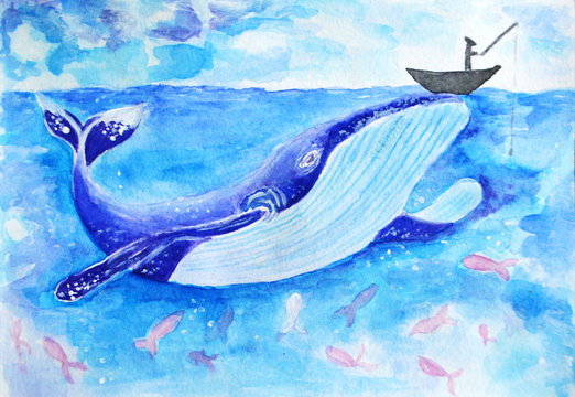  drawing watercolor whale in the ocean small boat illustration 