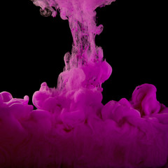 Color cloud of paint. Acrylic ink spreads in water. Colored purple abstraction is isolated on a black background. Close up.