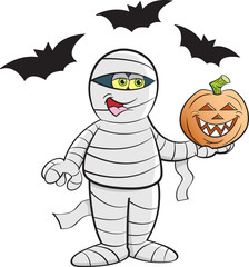 Cartoon illustration of a happy mummy holding a pumpkin surrounded by bats.