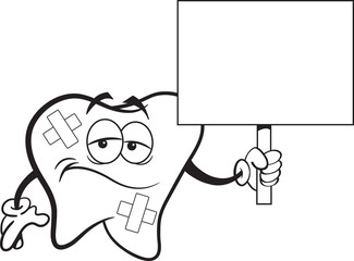 Black and white illustration of a sad tooth with bandages holding a sign.