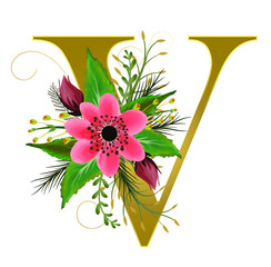 Golden Alphabet flowers - Letter V with watercolor flowers and leaves hand drawn on paper. Flowers bouquet composition. Decoration for invites card and other concept ideas.