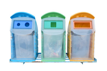 Blue, green and orange plastic garbage bin isolated on white background with clipping path.