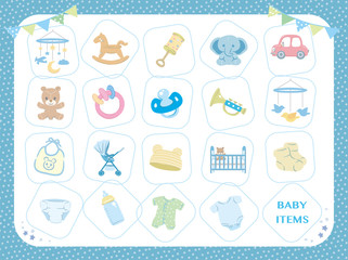 Naklejka na ściany i meble Newborn infant theme. Related items. Baby care stuff, toys, clothes. Vector illustration.