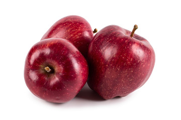 Three red ripe apples, perfect isolate on a white background, harvesting design.