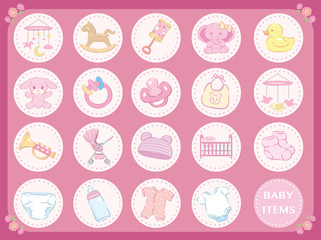 Newborn infant theme. Related items.  Baby care stuff, toys, clothes. Vector illustration.