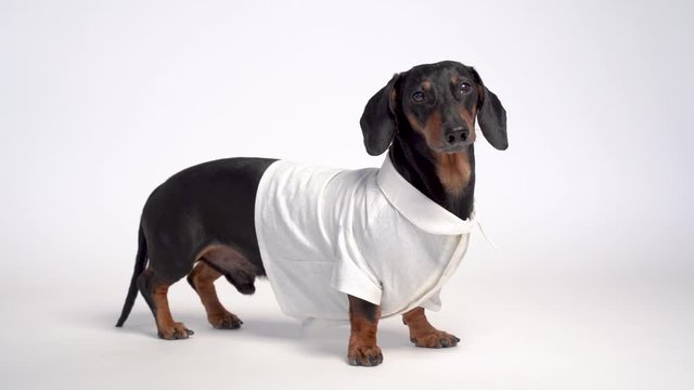 Dachshund dog, black and tan, dressed  white shirt, isolated on white background