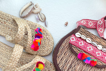 Bohemian straw wicker bag and slippers. Boho stile mosk up.