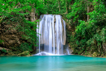 Fototapeta na wymiar Waterfall cliff level 3, Erawan National Park, Kanchanaburi, Thailand