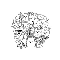 Vector illustration with kawaii doodle characters and flowers