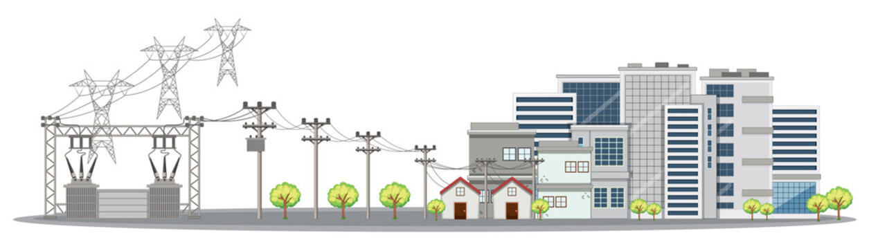 Electricity poles and buildings in city