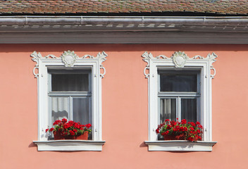 Fototapeta na wymiar pink facade with stucco decoration around the windows