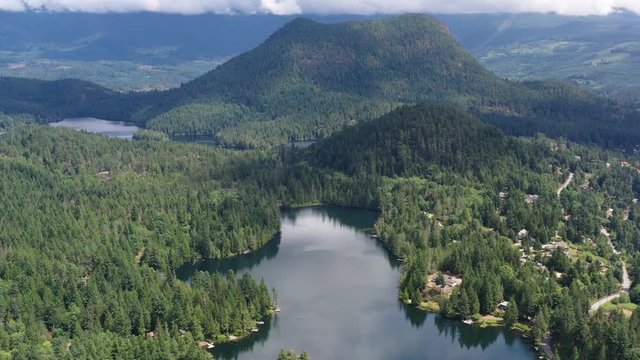 Aerial View at Mountain Lake with Blue Sky in British Columbia, Canada. 4K.