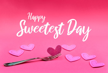 Happy Sweetest Day images. Heart on fork. Heart shape on a pink background. Sweetest Day pink banner. Sweet american holiday