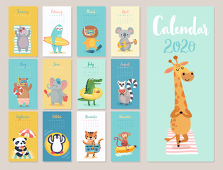 Calendar 2020. Cute monthly calendar with beach animals.