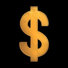 Gold dollar symbol isolated on black background with clipping path.