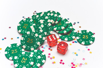 Casino winner background with dice casino chips and decoration