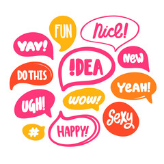 Nice happy fun sexy yeah ugh yay wow. Sticker set with bubble speech for social media content. Vector hand drawn illustration design. 