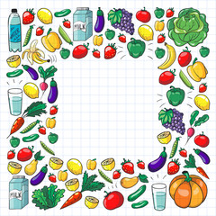Vector pattern with healthy food. Fruits and vegetables. Milk, dairy products. Pattern for store, mall, menu, cafe, restaurants.