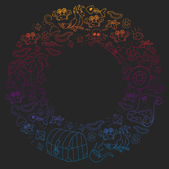 Vector set with pirate elements for birthday party for little children. Kids pattern with octopus, beach, treasure chest, ship