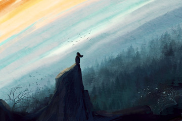 The girl sits on the edge of the rock and looks at the sky