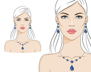 Beautiful woman wearing luxury jewelry, vector sketch illustration. Fashion model with Sapphire Earrings and Necklace.