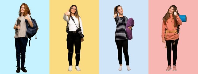 Set of travel woman, photographer, student and in pajamas giving a thumbs up gesture because something good has happened