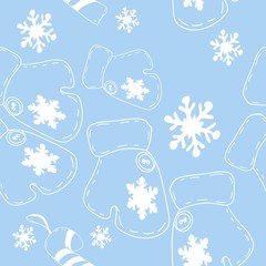 Christmas graphic ornament of snowflakes and mittens, seamless pattern, vector illustration
