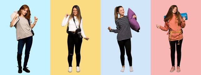 Set of travel woman, photographer, student and in pajamas enjoy dancing while listening to music at a party