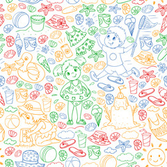 Vector seamless pattern with little chilren. Family summer vacations. Beach, ocean, island, sun. Kids play. Swimming and relaxation.
