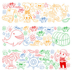 Vector set with pirate elements for birthday party for little children. Kids pattern with octopus, beach, treasure chest, ship