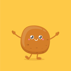 vector funny cartoon cute smiling tiny potato isolated on yellow background. vegetable funky character