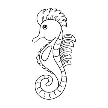 Coloring page with cartoon sea horse for kids colouring book