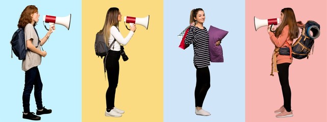 Set of travel woman, photographer, student and in pajamas shouting through a megaphone