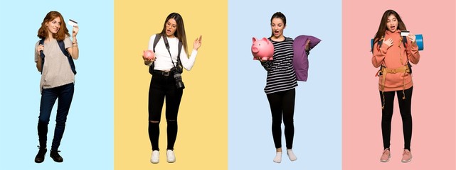 Set of travel woman, photographer, student and in pajamas holding a credit card and thinking