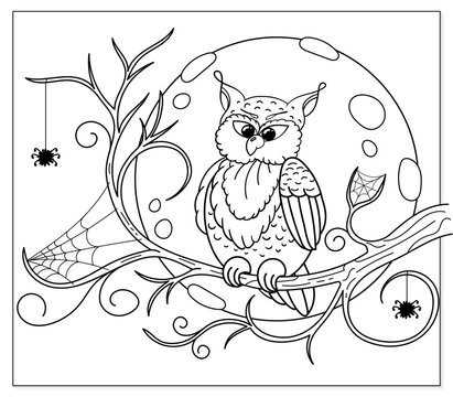 Coloring page with halloween owl for kids colouring book