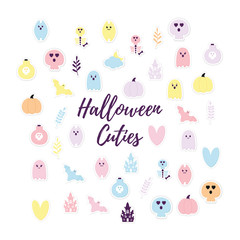Halloween Stickers Collection Paper cut. Realistic Pink Halloween party icon. Cuties ghost, pumpkin, house, bat, skull, skeleton. Craft kids characters.