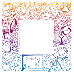 Vector pattern with school icons. Back to school. Geography, geometry, mathematics, physics, chemistry, astronomy. Background for children.