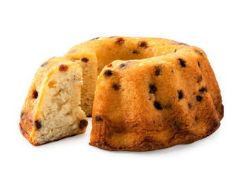 Viennese muffin with cut-out piece close-up on a white background.