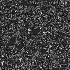 Vector seamless pattern with cooking class for little children. Kids icons. Healthy eating.