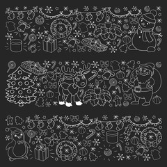 Merry Christmas and happy new year. Santa Claus, deer, snowman, penguin. Vector pattern.