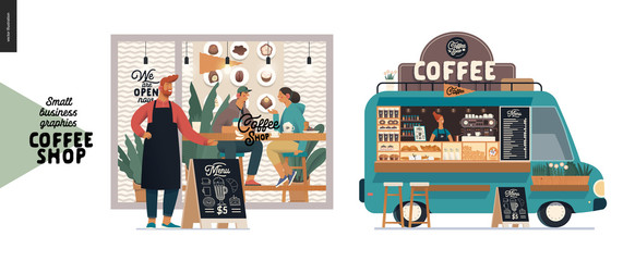 Fototapeta premium Coffee shop -small business illustrations -facade and food truck -modern flat vector concept illustration of a coffee shop owner in front of the shop, visitors inside, food truck van, pavement sign