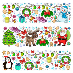 Naklejka premium Merry Christmas and happy new year. Santa Claus, deer, snowman, penguin. Vector pattern.