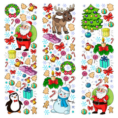 Merry Christmas and happy new year. Santa Claus, deer, snowman, penguin. Vector pattern.