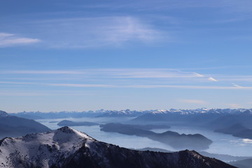 view over snow capped mountains and Lago Nahuel Huapi 