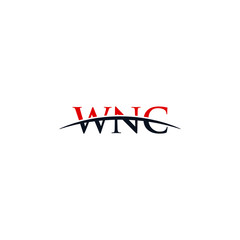 Initial letter WNC, overlapping movement swoosh horizon logo company design inspiration in red and dark blue color vector