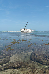 Obraz premium Shipwrecked sailboat on the Caribbean coast of Costa Rica. Effects of a hurricane and strong waves.