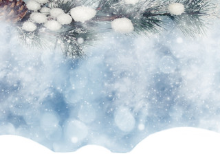 Fototapeta na wymiar winter christmas background with snow and fir branches frame